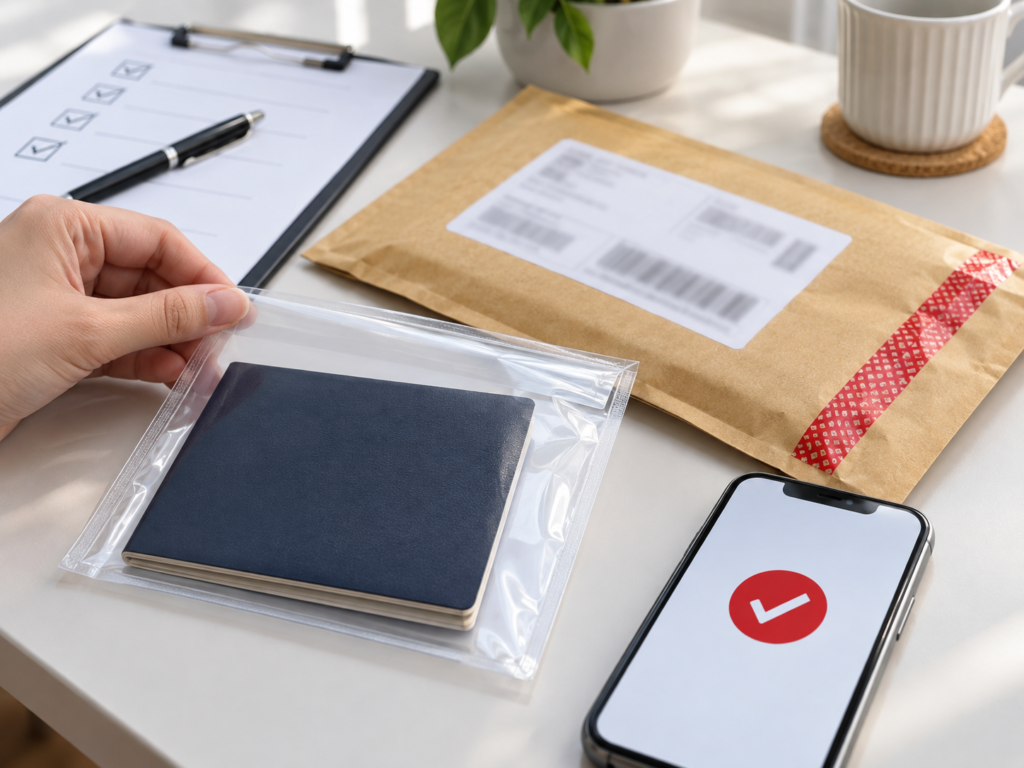 Secure passport mail-in preparation and shipment tracking